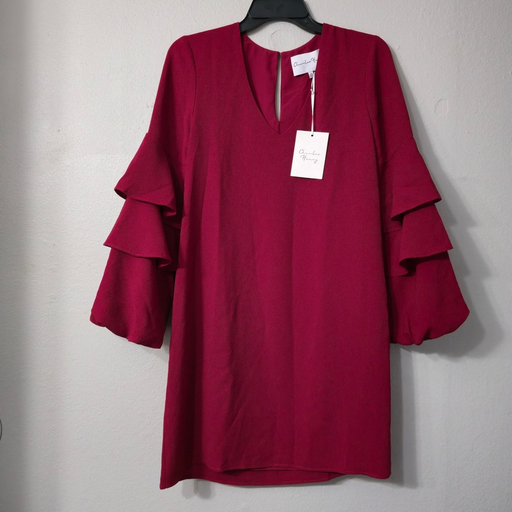 Charles Henry Garnet Red Tiered Bell Sleeve V-Neck Shift Dress XS NWT